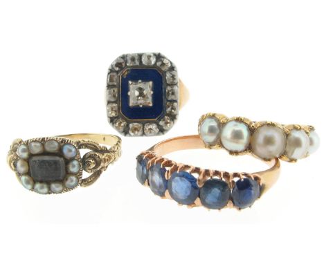 A diamond and blue enamel decorated George III cluster ring, size K. An early 19th century gold ring mounted with five gradua
