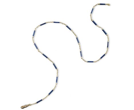 A gold fine-link neck chain, with cylindrical links decorated with blue guilloche enamel and white enamel terminals. 54cm.
