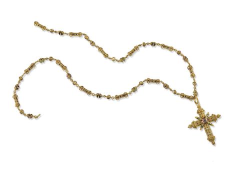A French 19th century gold long chain and cruciform pendant in the Renaissance Revival manner. The hexagonal body divided by 