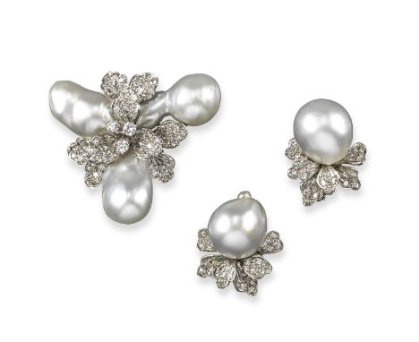 A baroque-shaped cultured pearl and diamond-set brooch pendant, with matching earrings by Kenny. Of foliate form, and the pet