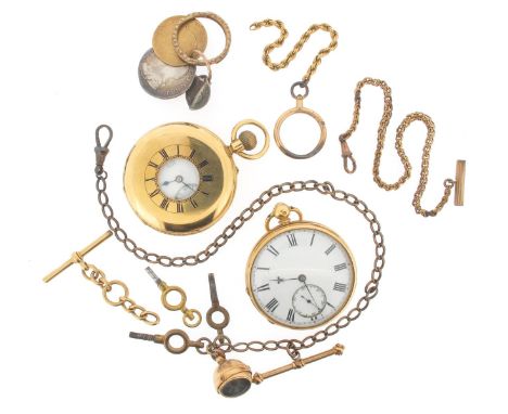 An 18ct yellow gold stem-wind half hunting cased pocket watch, blue enamel outer chapter ring with Roman numerals. The white 