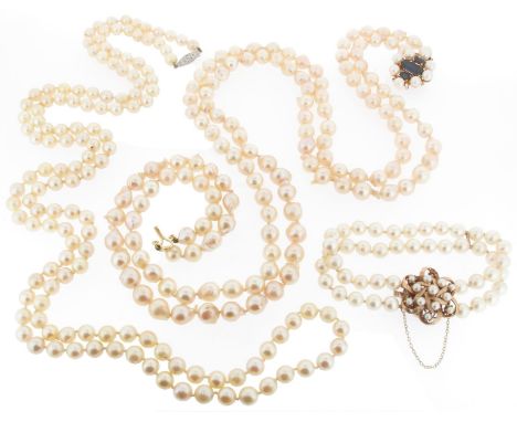 A two row cultured pearl necklace, with a cultured pearl and gem-set clasp. A two row cultured pearl bracelet with a cultured