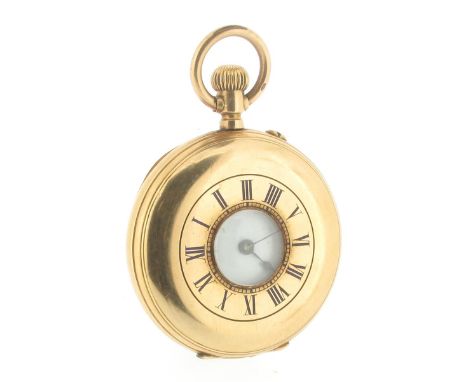 A yellow gold half hunting cased fob watch, blue enamel outer chapter ring with Roman numerals. The white enamel dial with bl