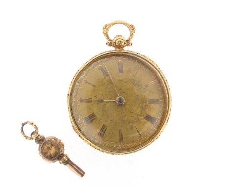 An early Victorian key-wind open-faced pocket watch, ornately engraved gold dial with gold Roman numerals and three colour go