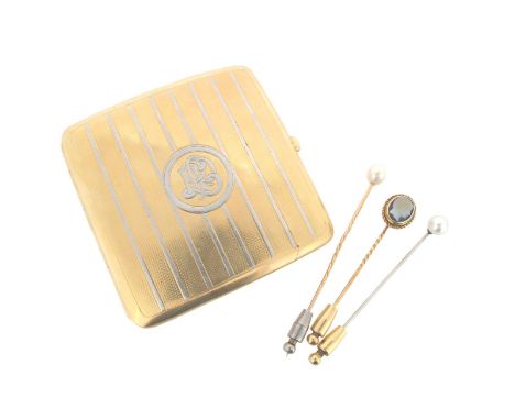 A square-shaped 18ct gold cigarette case, the engine-turned yellow gold case with vertical white gold stripes and cipher. Lon