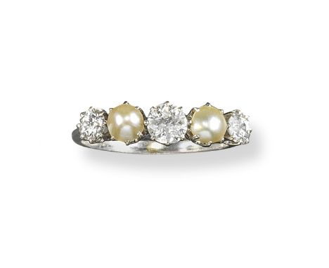 A diamond and untested pearl five stone ring, set with three graduated old circular-cut diamonds with two half pearls in plat