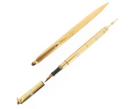 An 18ct gold propelling pencil by Chaumet, with tiger's eye terminal. And a gold propelling pencil cum fountain pen with engi