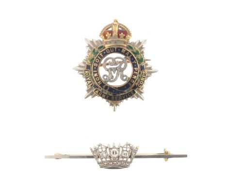A gold military brooch for the Royal Army Service Corps, and a diamond-set yellow and white gold Royal Naval Crown brooch, ca
