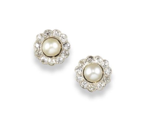 A pair of natural pearl and diamond cluster earrings, each earring centred with a pearl and millegrain-set with circular-cut 