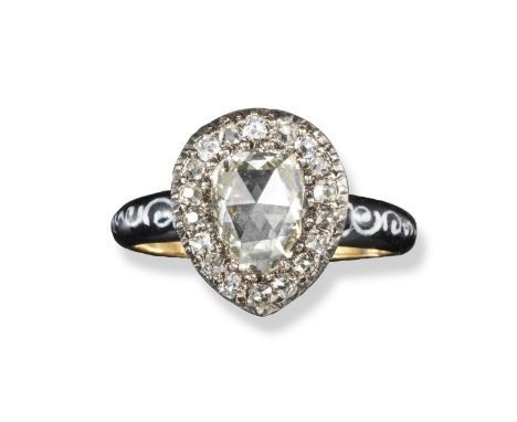 An early 19th century diamond cluster ring, the pear-shaped rose cut diamond is set within a surround of cushion-shaped diamo