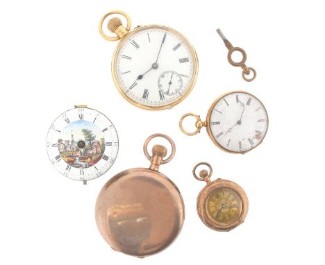 An 18ct gold open faced pocket watch, the white enamel dial with black Roman numerals and subsidiary seconds dial. A gold hun
