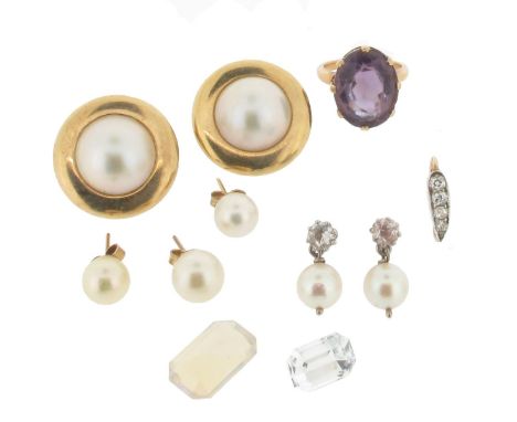 A pair of cultured pearl and diamond set white gold drop earrings, a pair of mabe pearl mounted gold earrings, a pair of cult