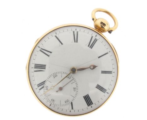 An 18th century open-faced 18ct gold key-wind pocket watch, white enamel dial (hair cracks) with black Roman numerals and sub