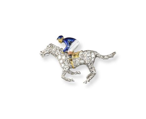 An early 20th century diamond-set horse and jockey brooch, the realistically designed horse is pave-set with circular-cut dia