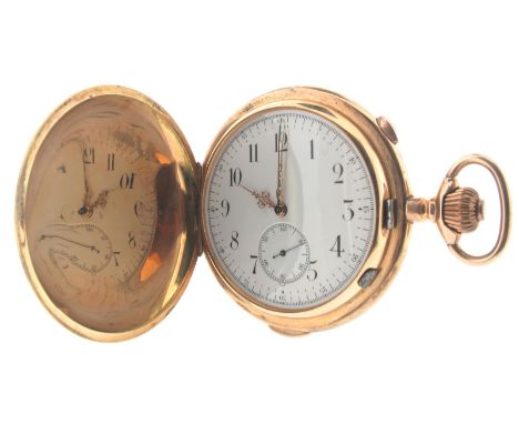 A 14ct gold hunting cased repeating chronograph stem-wind pocket watch, white enamel dial with black Arabic numerals and minu