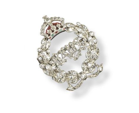 A Regimental brooch, for the Queen's Bays regiment 2nd Dragoon Guards. Set with rose cut diamonds in platinum with red and gr