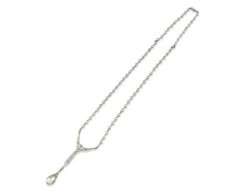 A natural pearl and diamond necklace, designed as a diamond-set stylised ribbon suspending an articulated line of diamonds an