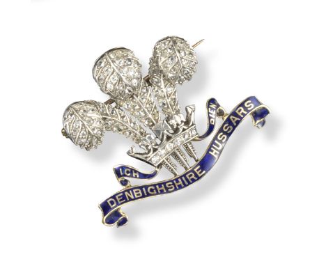 An early 20th century Regimental brooch for the Denbighshire Hussars, the Prince of Wales feathers are pave-set with rose-cut