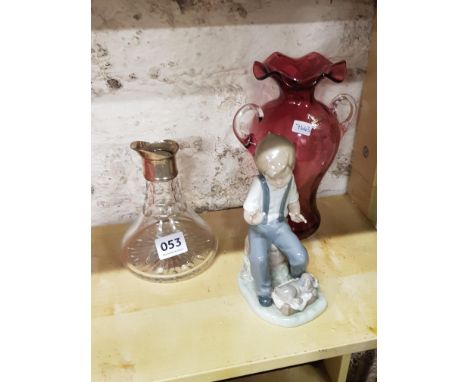 NAO, RUBY VASE AND SILVER MOUNTED DECANTER