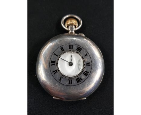 SILVER HALF HUNTER POCKET WATCH ENAMEL CHAPTER RING