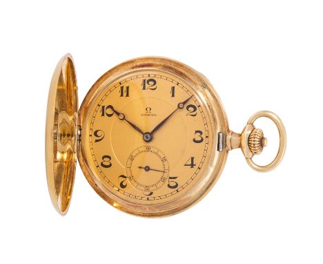 OMEGA Savonette Taschenuhr ca. 1923. 14K Gelbgold inkl. Staubdeckel. Vergoldetes Kronenaufzugswerk Kal. 18SPB, 3/4 Platine mi