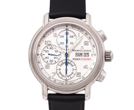 MAURICE LACROIX Masterpiece Chronongraph "Roger Federer". Referenz MP 6128. Edelstahl mit Saphirglasboden. Automatik-Werk ML 