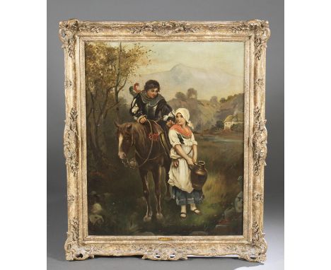 Continental School, Active 19th/ 20th century. Portrait depicting a girl standing next to a boy on horseback flanked by pastu