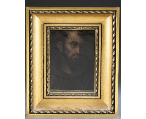 Continental School. Portrait of St. Francis. 19th century. Oil on panel, framed. Applied varnish. Unsigned. 14" x 11 1/2".Con