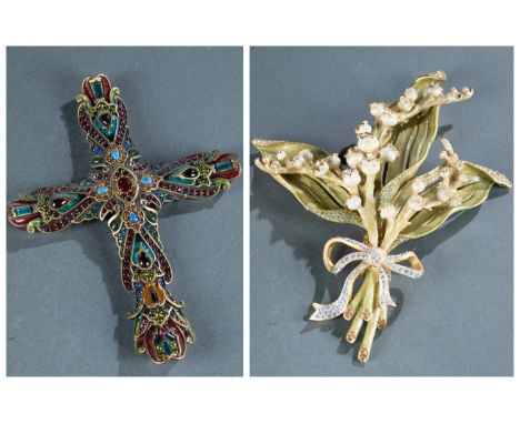 A group of two Jay Strongwater enameled objects decorated with rhinestones. Marked on back. ++ Cross with multi-colored stone