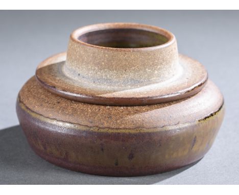 Cushing, Val (American 1931-2013) glazed ceramic dish with lid. Swirl design on bottom of lid. Signed inside dish. 2 1/2" x 5