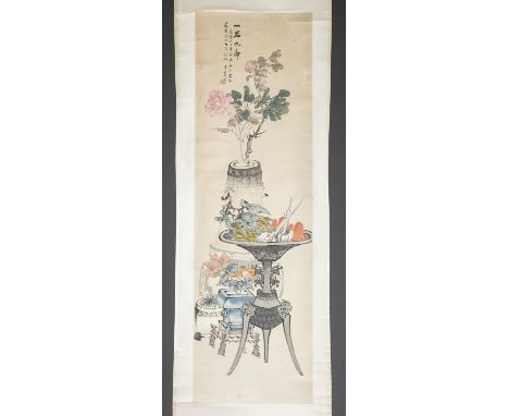 Chinese scroll painting of vegetables and flower arrangements. Late 19th century. Ink and watercolor on paper. Inscribed and 