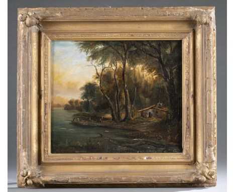 Attributed to Martin, Homer Dodge (American, 1836-1897). River landscape with figures launching a canoe next to a cabin in th