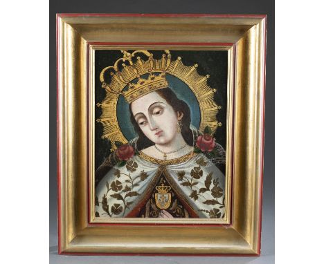 Continental School. Portrait of Mary Queen of Heaven with a crown and mantle of roses. 18th century. Oil on canvas. Unsigned.