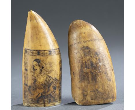 A pair of scrimshaw whale teeth. 19th century. ++ Incised decoration of couple holding hands. Marked above couple "Forget me 