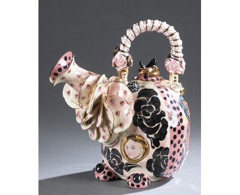 Oxman, Laney K. (American b.1946) ceramic teapot painted with roses and nudes. 20th century. Ribbon wrapped handle. Signed ne