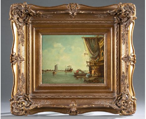 van Munster (Dutch School, Active 19th/20th century). Port scene of a large vessel unloading its wears. 19th/ early 20th cent