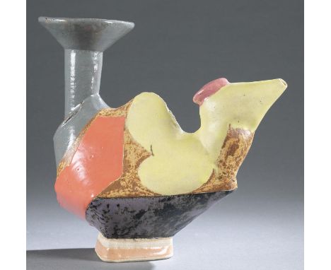 Gill, John (American b.1949) glazed ceramic ewer. 1996. Geometric form with multi-colored glazes. Signed on base. 12" x 13" x