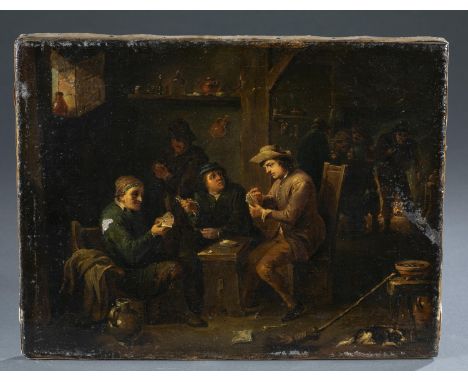 Dutch or Flemmish School painting in the style of Frans Hals (Flemish, 1582-1666). Genre painting depicting a group of men pl