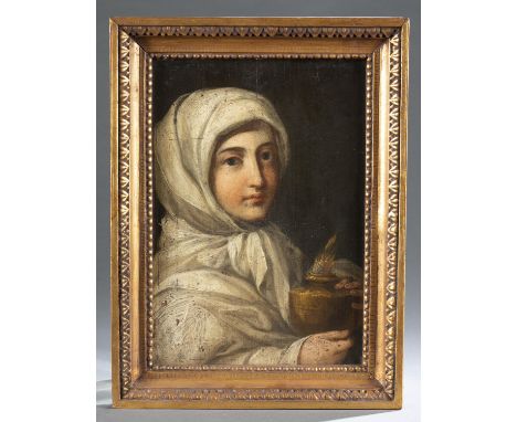 Northern European School. Small portrait of a girl in white holding a flaming censer. 18th/ 19th century. Oil on wood panel. 