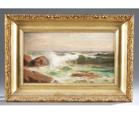Eldred, Lemuel D. (American, 1848-1921). Seascape depicting waves crashing against a rocky beach. Late 19th century. Oil on b