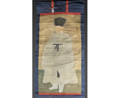 A large Korean scroll painting. Ancestor portrait depicting a seated gentleman. Inscription in upper right and on verso. Appr