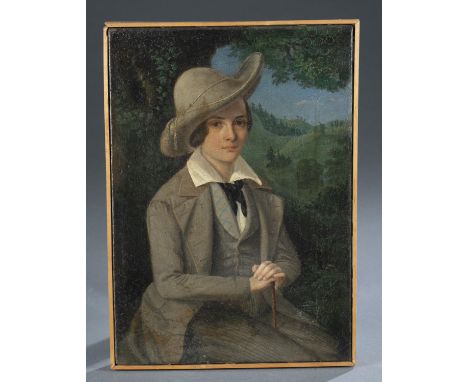 English School. Portrait of a young man flanked by a verdant landscape. 19th century. Oil on canvas. Unsigned. 14" x 10". Fra