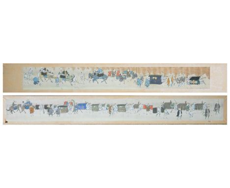 A group of two framed Japanese scroll pieces depicting a caravan of figures. Two parts of the same scroll that has been cut d