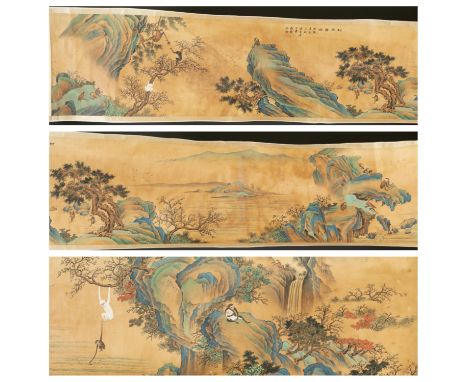 A long Chinese hand scroll of monkeys. Ink and watercolor on paper. Long narrative scroll depicting a brown and white monkeys