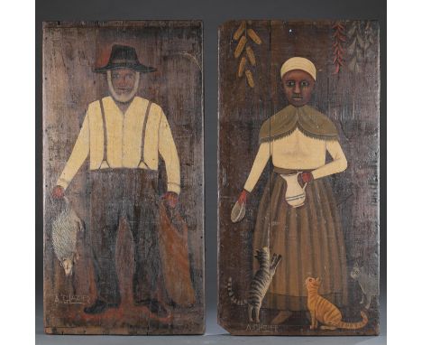A group of two Arthur Glazier (American,1928-2015) folk paintings. 20th century. Oil on repurposed wooden panel. Signed l.l. 