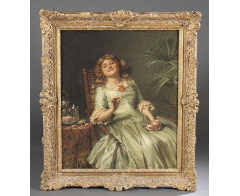 Roberts, Edwin Thomas (British, 1840-1917). "Afternoon Tea." Portrait of a finely dressed lady drinking tea. Late 19th/ early