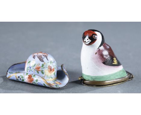 A group of two enamel bonboniere boxes. Probably Battersea/ Stafforshire, England. Circa 18th/19th century. ++ Bird form box.