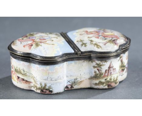 A Royal Vienna style enamel bisectional snuff box. Circa 19th century. Enamel depicting couples, landscapes, and architectura