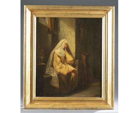 French School. Portrait of a contemplative nun. 19th century. Oil on canvas. "J. Berville" stamp to verso of canvas. 18 1/4" 