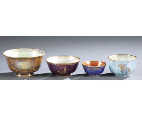 A group of four Wedgwood Fairyland. designed by Daisy Makeig-Jones (British, 1881-1945), lustre cups. Circa 1920s. Marked on 
